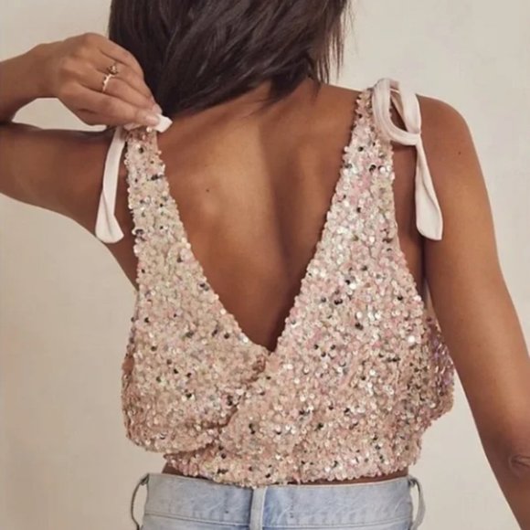 Free People Big Night Sequin Crop Top - Champagne Rose - Size Large NWOT - Picture 4 of 13